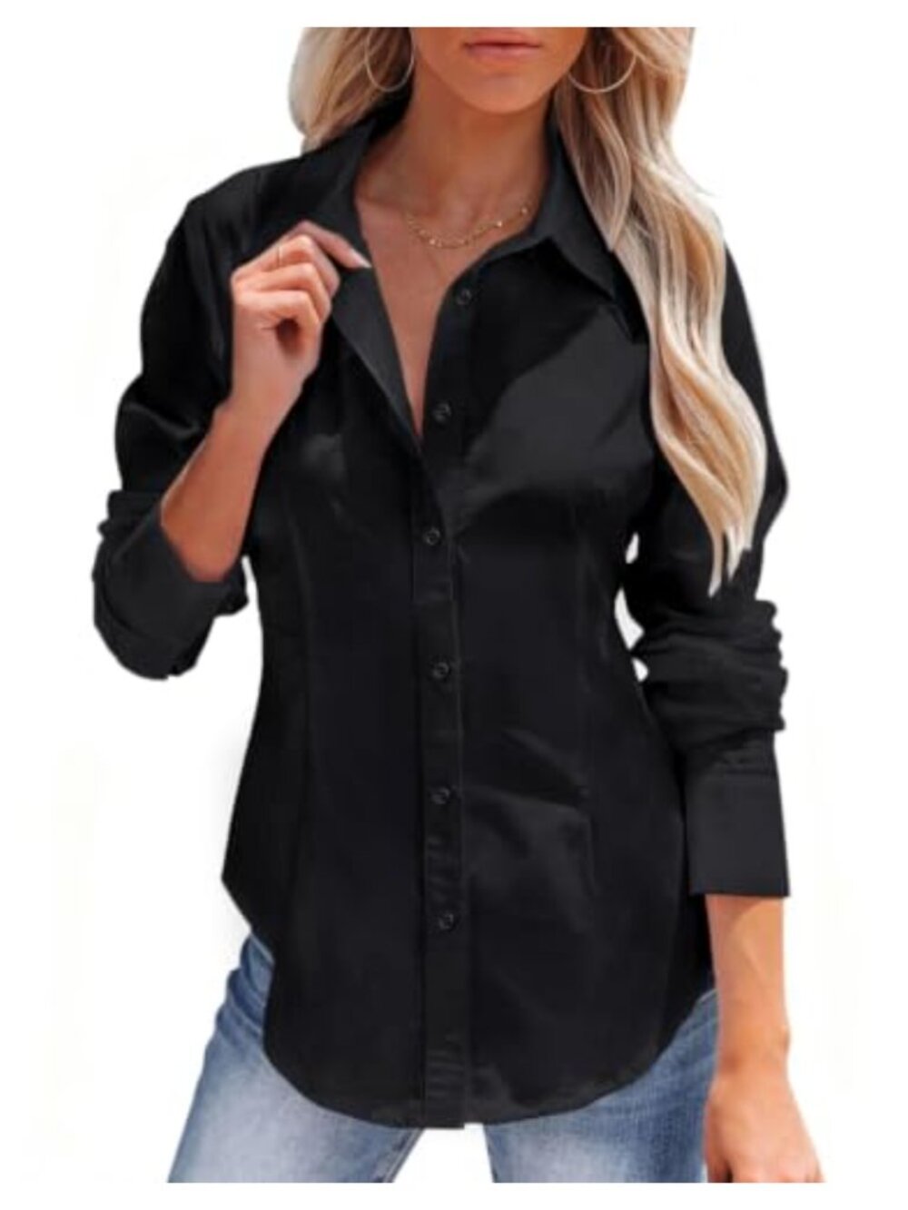 Women's Long Sleeve Button Down Shirt Wrinkle Free Cotton Blend Slim Fit Blouse